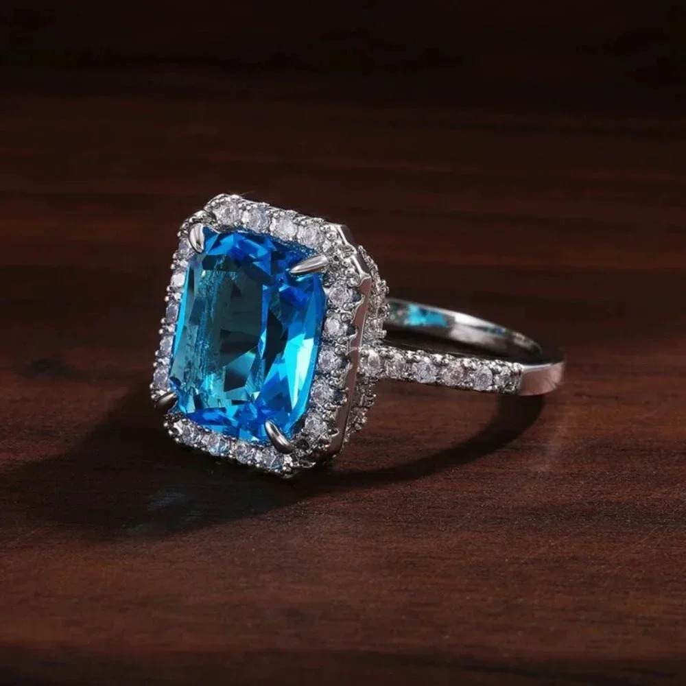 925 Sterling Silver Diamond Aquamarine Ring - Picture 10 of 10